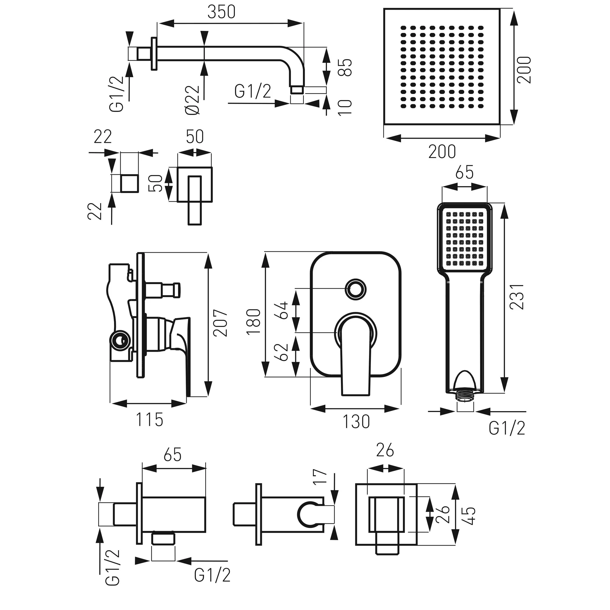 Set de duș îngropat Ferro Squerto SET-SQ1-P + corp instalare — 2