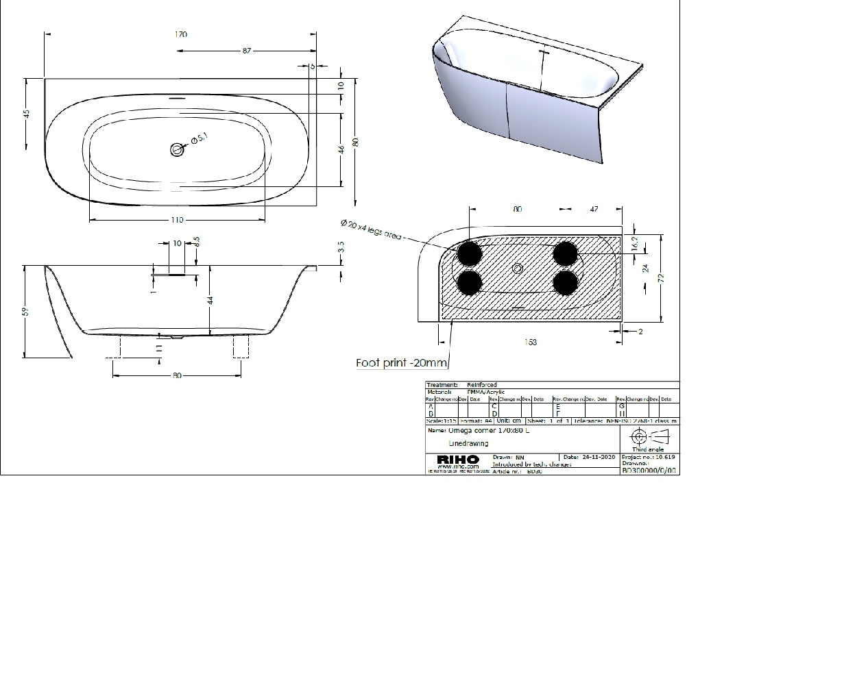 Cada Freestanding Riho Omega L 170x80 (suport+sifon) alb mat — 3