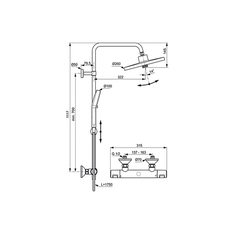 Душевая система термостатическая Ideal Standard Ceratherm T25+ Chrome — вид 7