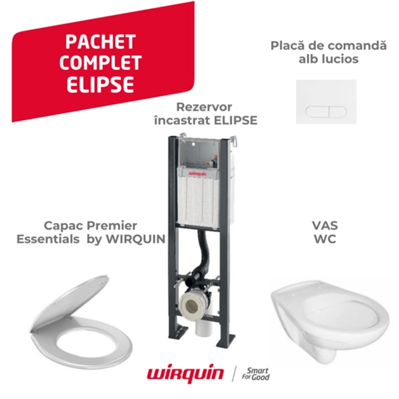 Set complet WC: cadru de instalare Wirquin Elipse + clapetă albă + vas WC Roca + capac