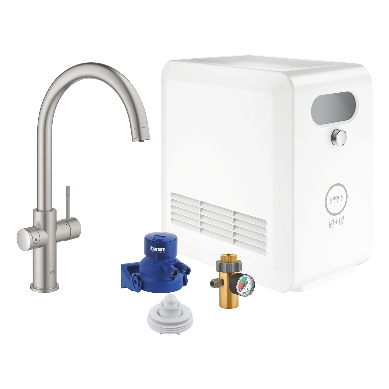Baterie bucătărie cu filtru și apa gazată Grohe Blue Professional C-spout Supersteel
