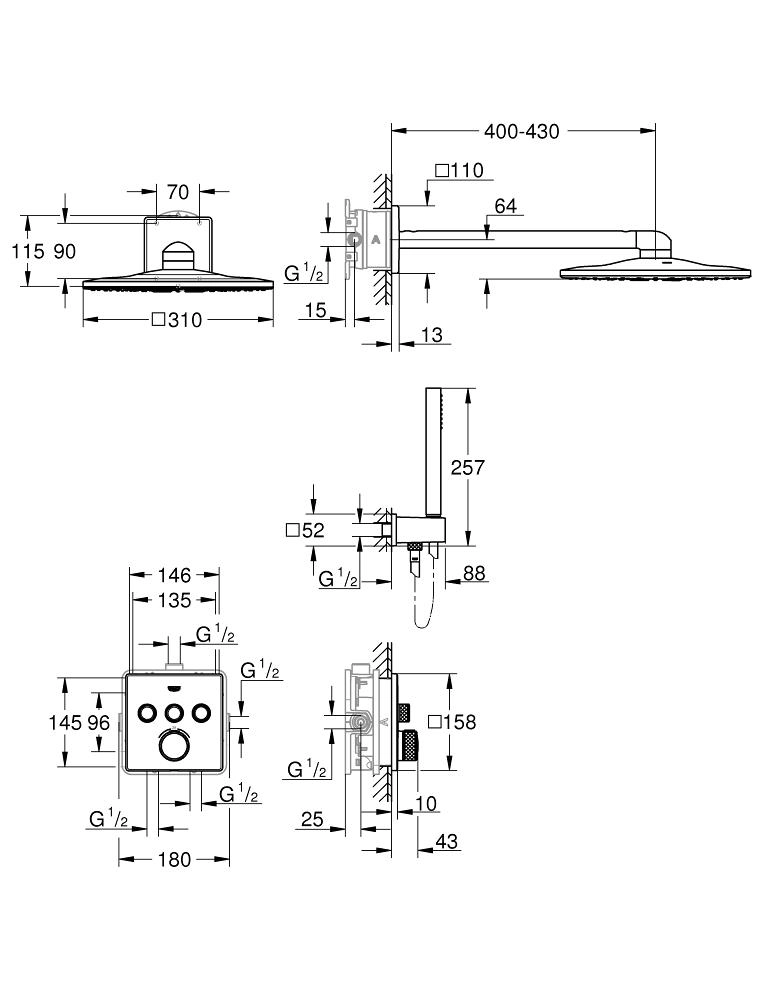 Set de duș îngropat termostatat Grohe Grohtherm Smartcontrol 310x310 + corp instalare — 2