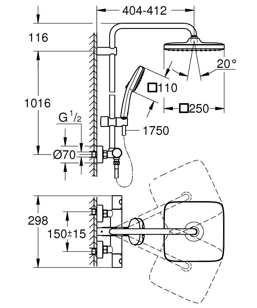 Coloana duș termostatată Grohe Tempesta Cube 250x250 — 2