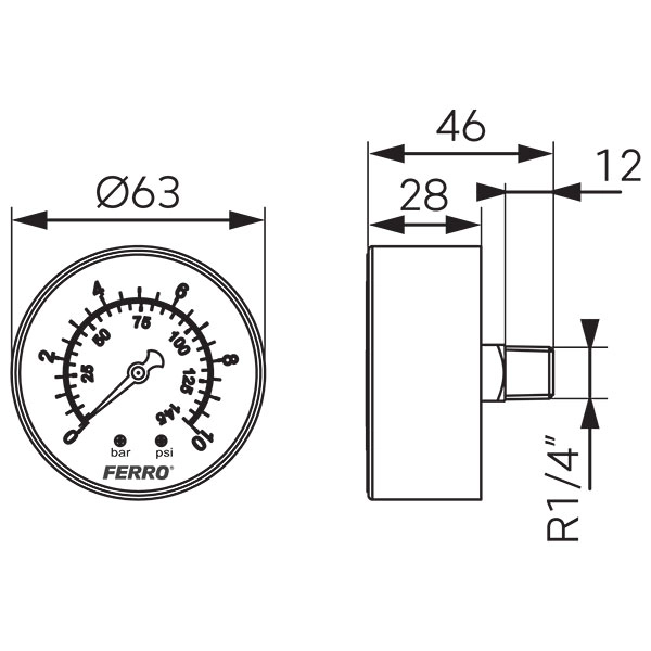 Manometru 63mm* 1/4" orizontal 0-10 bari Ferro M6310A — 2