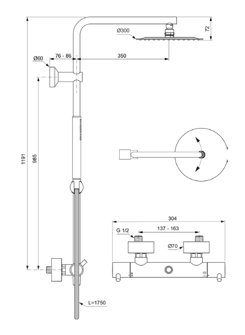Душевая система термостатическая Ideal Standard Ceratherm T125 Magnetic Grey — вид 10