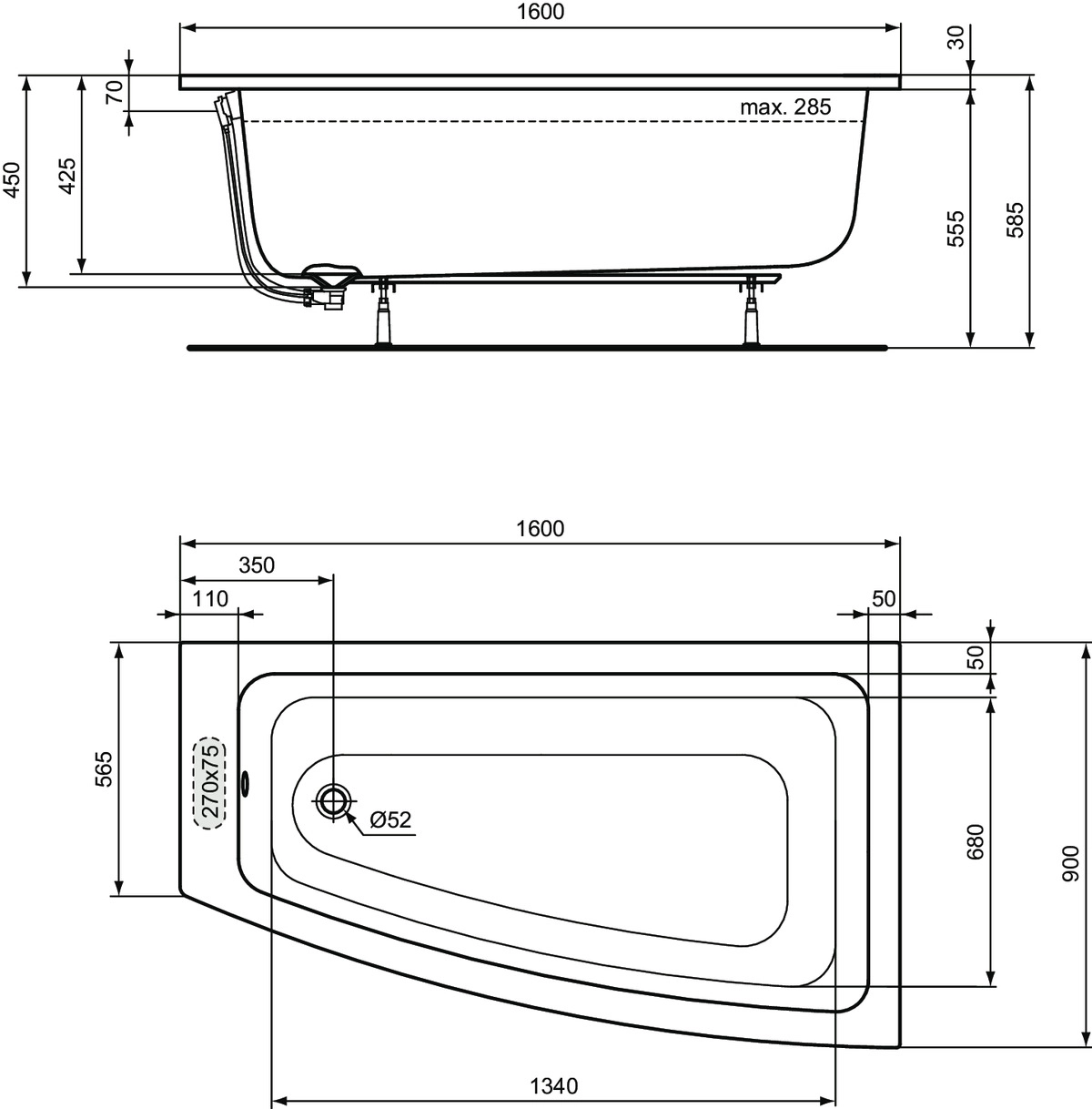 Cada acril asim. Ideal Standard I.Life 160x90 Dr T476901 — 3