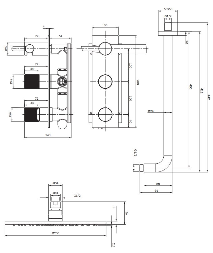 Set de duș îngropat Omnires Contour Anthracite + corp instalare — 2
