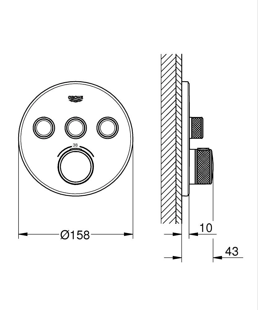Baterie duș încastrată termostatată 3 cai Grohe Grohtherm Smartcontrol Supersteel — vedere 2