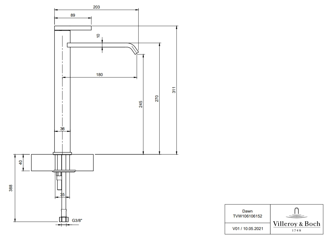 Baterie lavoar înalt Villeroy&Boch Dawn Chrome — vedere 7