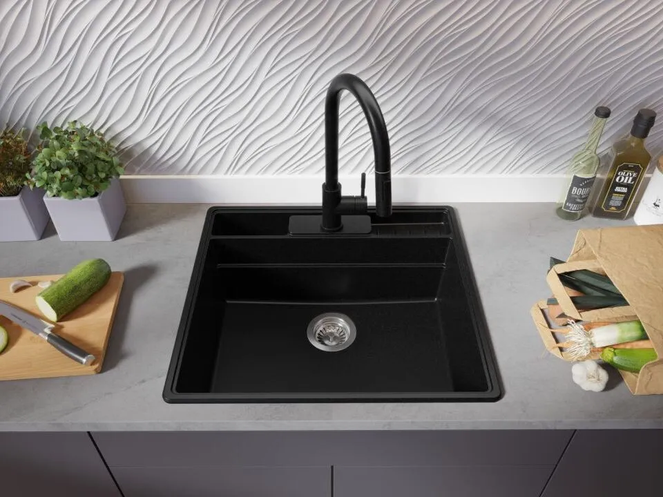 Chiuveta granit Primagran New York Multispace Black + accesorii 580x530 — 2