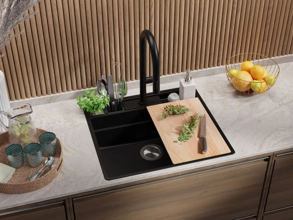 Chiuveta granit Primagran New York Multispace Black + accesorii 580x530 — 4