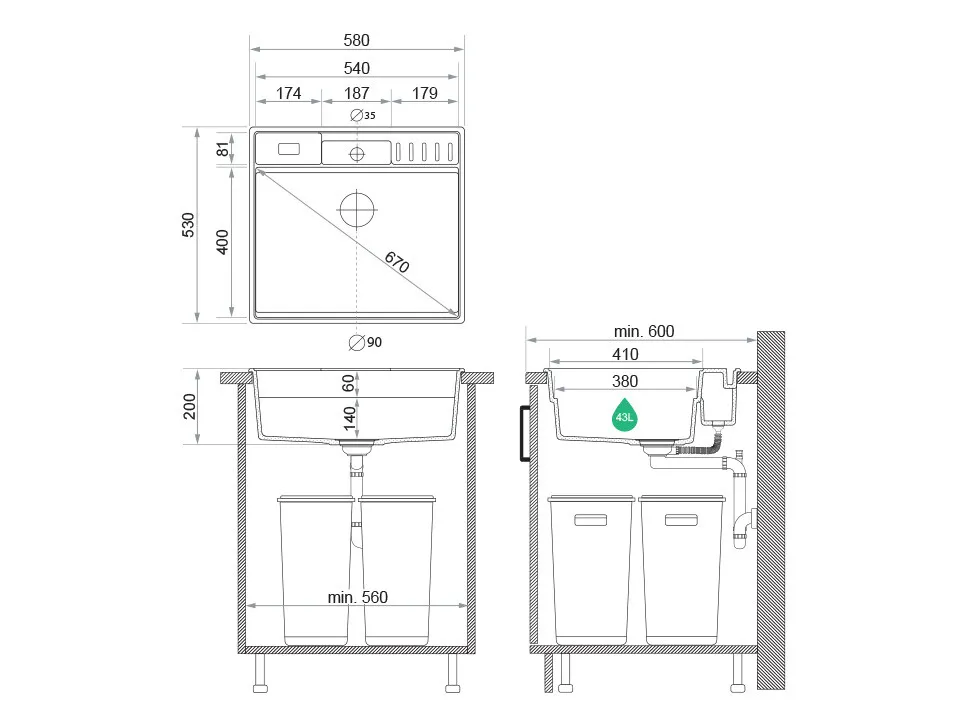 Chiuveta granit Primagran New York Multispace Black + accesorii 580x530 — 8