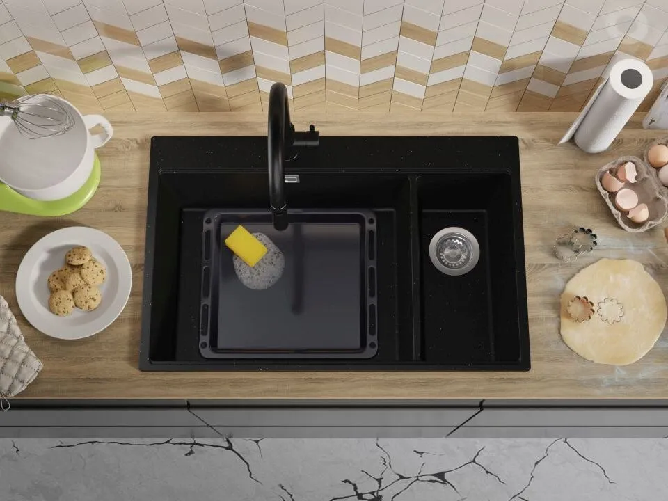Chiuveta granit Primagran Oslo Duo Top Black metalic + accesorii 780x530 — 2