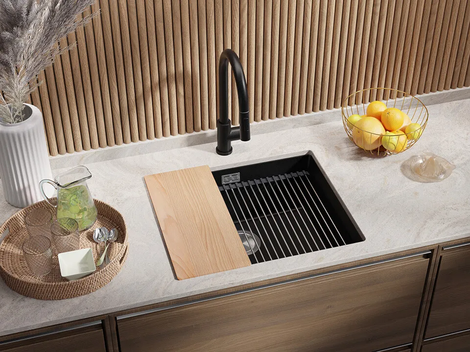 Chiuveta granit sub blat Primagran Prague Black + accesorii 470x560